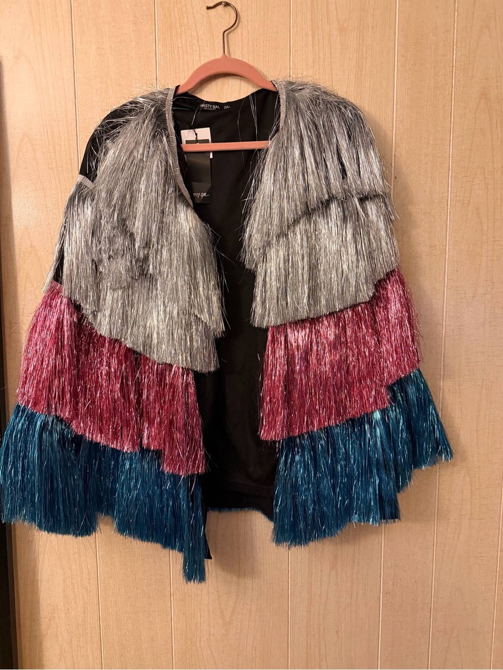 Nasty Gal Black Lined Metallic Fringe Jacket with Pink Hanger Detail